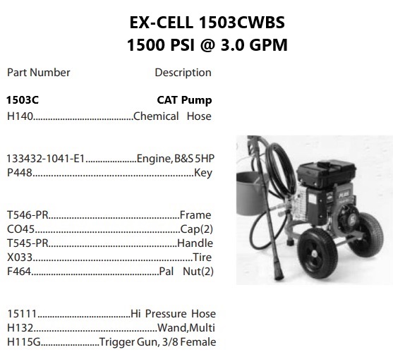 EX-CELL 1503CWBS CAT power washer repair parts